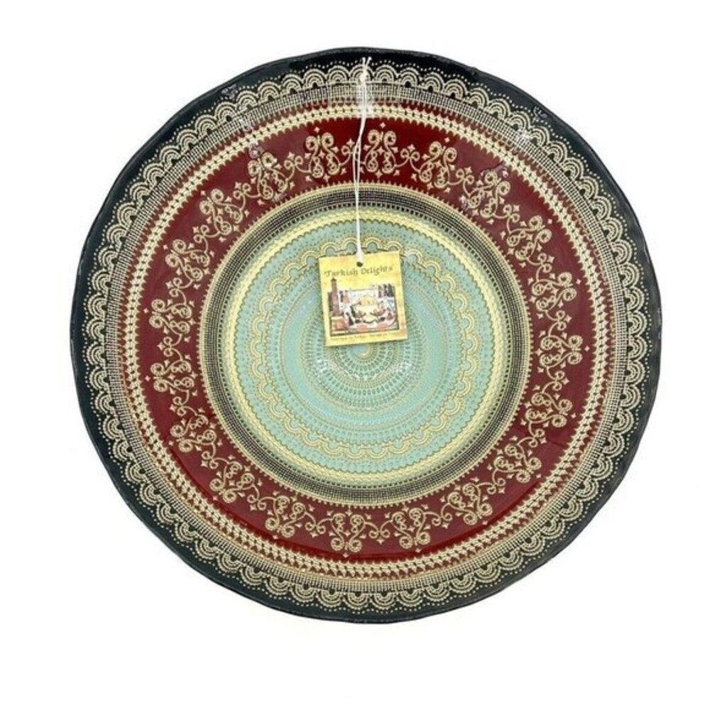 Turkish Delights Glass Bowl Serving Dinner Red Blue Gold Handmade 11.75” NWT